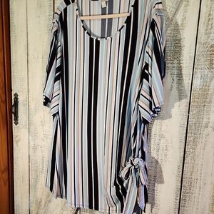 Blue and White Short Sleeve Boxy Tunic with Tie Front
